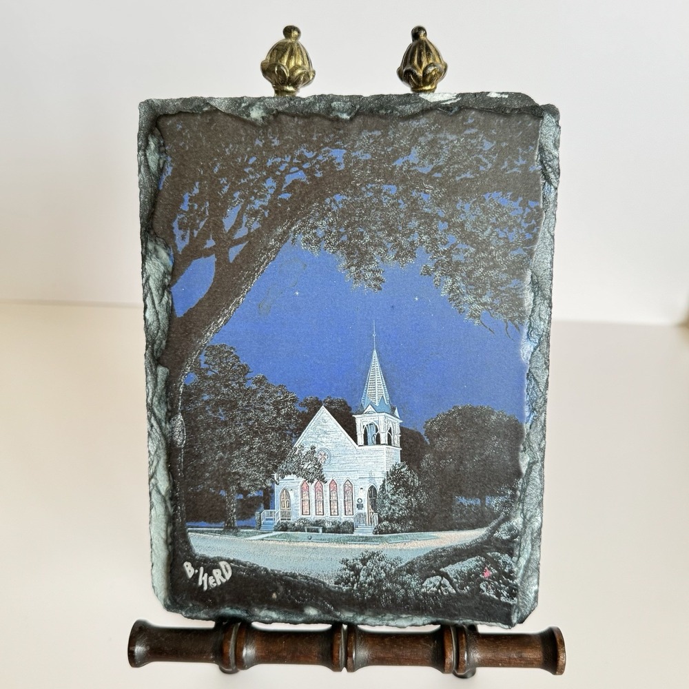 Signed B Herd Slate Art Plaque Church Night Scene Rustic‎ Stone Decor Texas